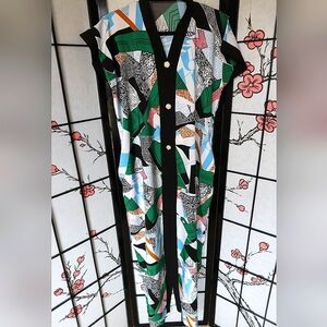 Colorful Blue White Green Geometric Patterned Dress Sundress Kaftan Mumu 1 Size
